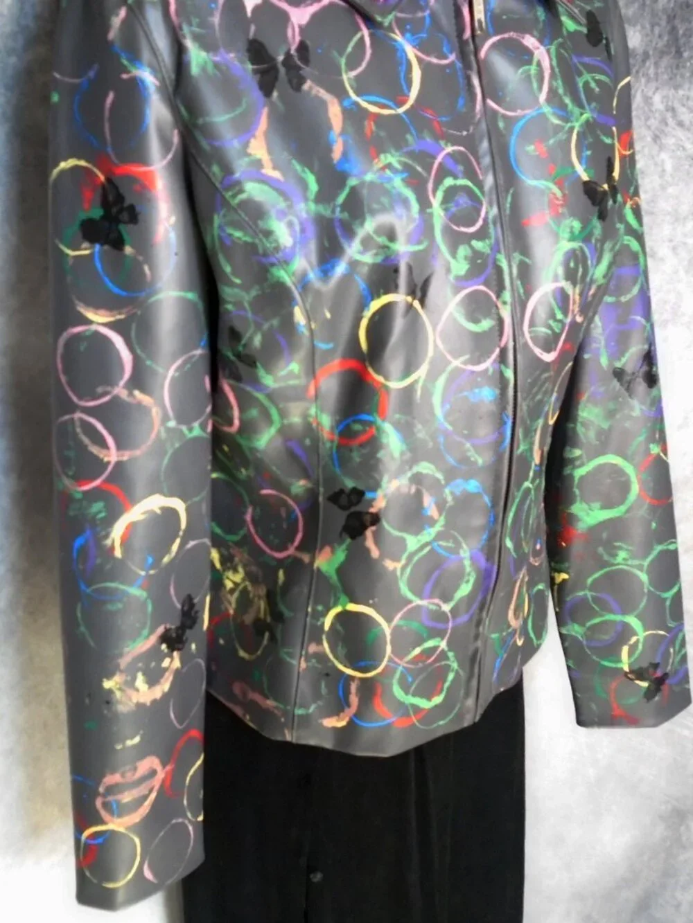 Vegan Leather Jacket with Eclectic Multicolor  Art Hobo Chic Edgy OOAK Unique - Picture 6 of 13